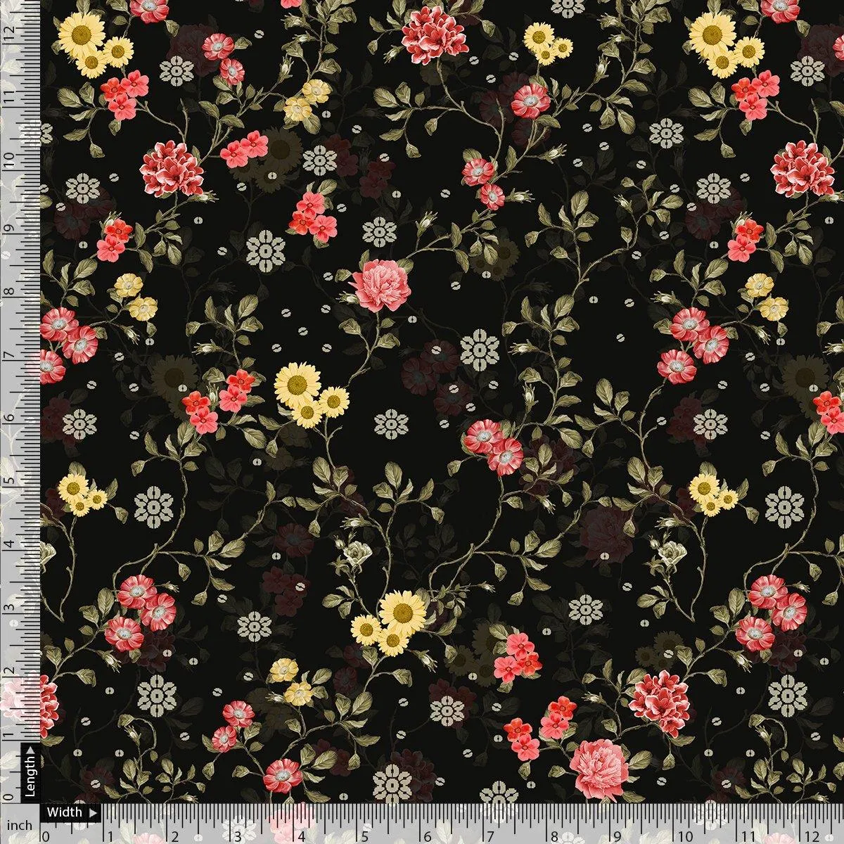 Beautiful Calico Flower With Branch Digital Printed Fabric - Kora Silk