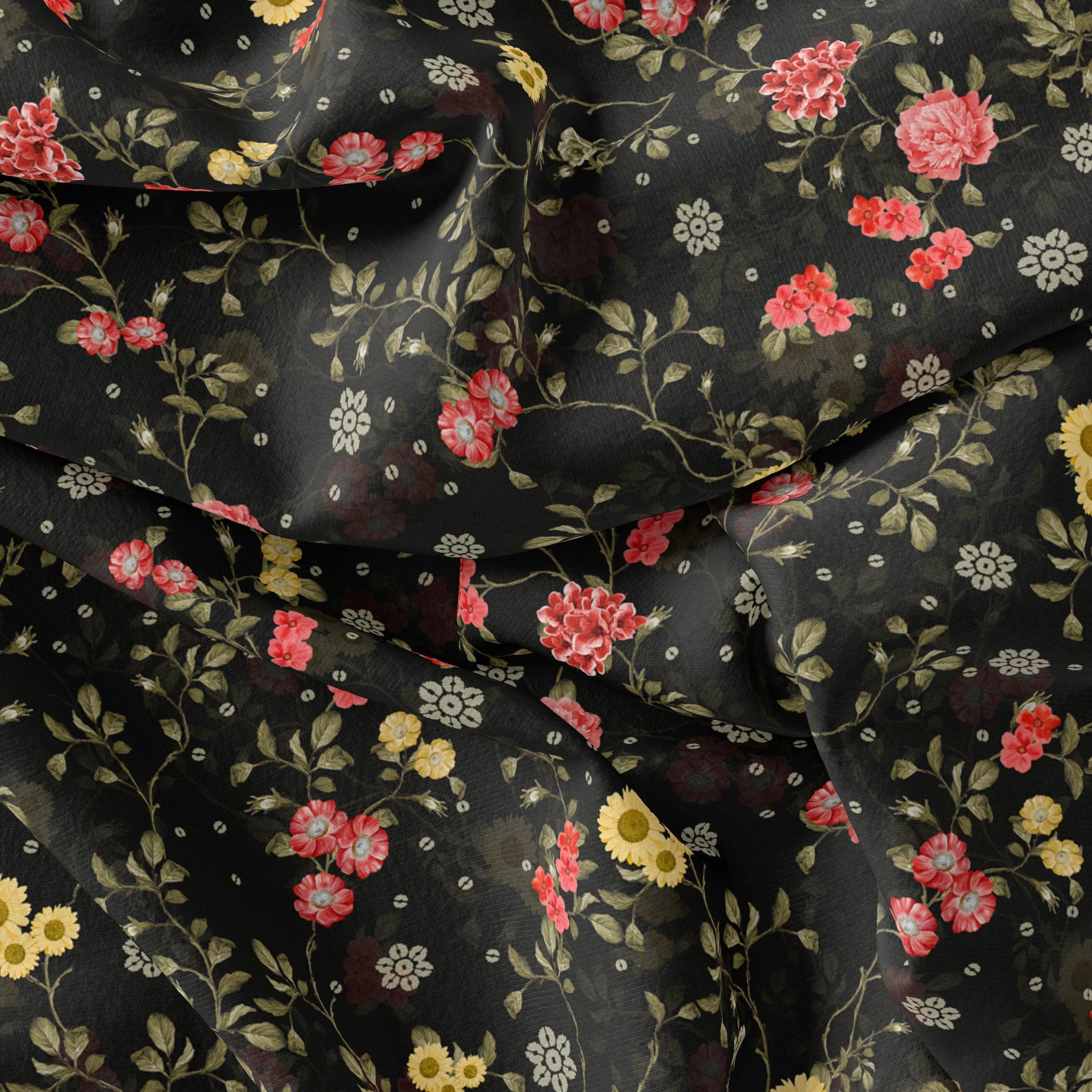 Beautiful Calico Flower With Branch Digital Printed Fabric - Kora Silk