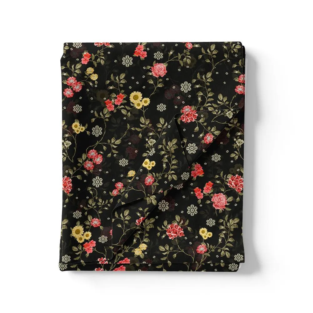 Beautiful Calico Flower With Branch Digital Printed Fabric - Kora Silk