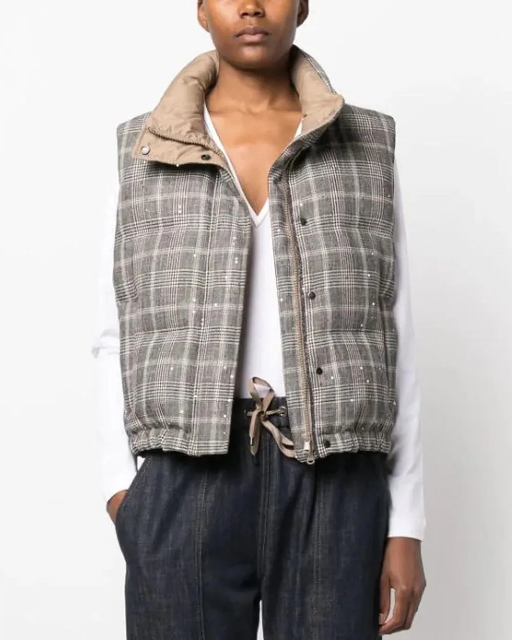 Beige Plaid Prince Of Wales Padded Vest