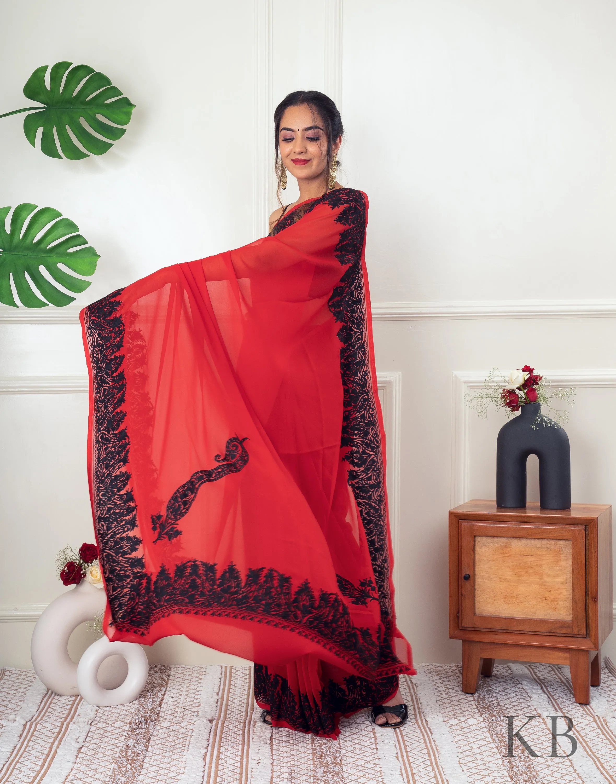 Black Aari Border Red Georgette Saree