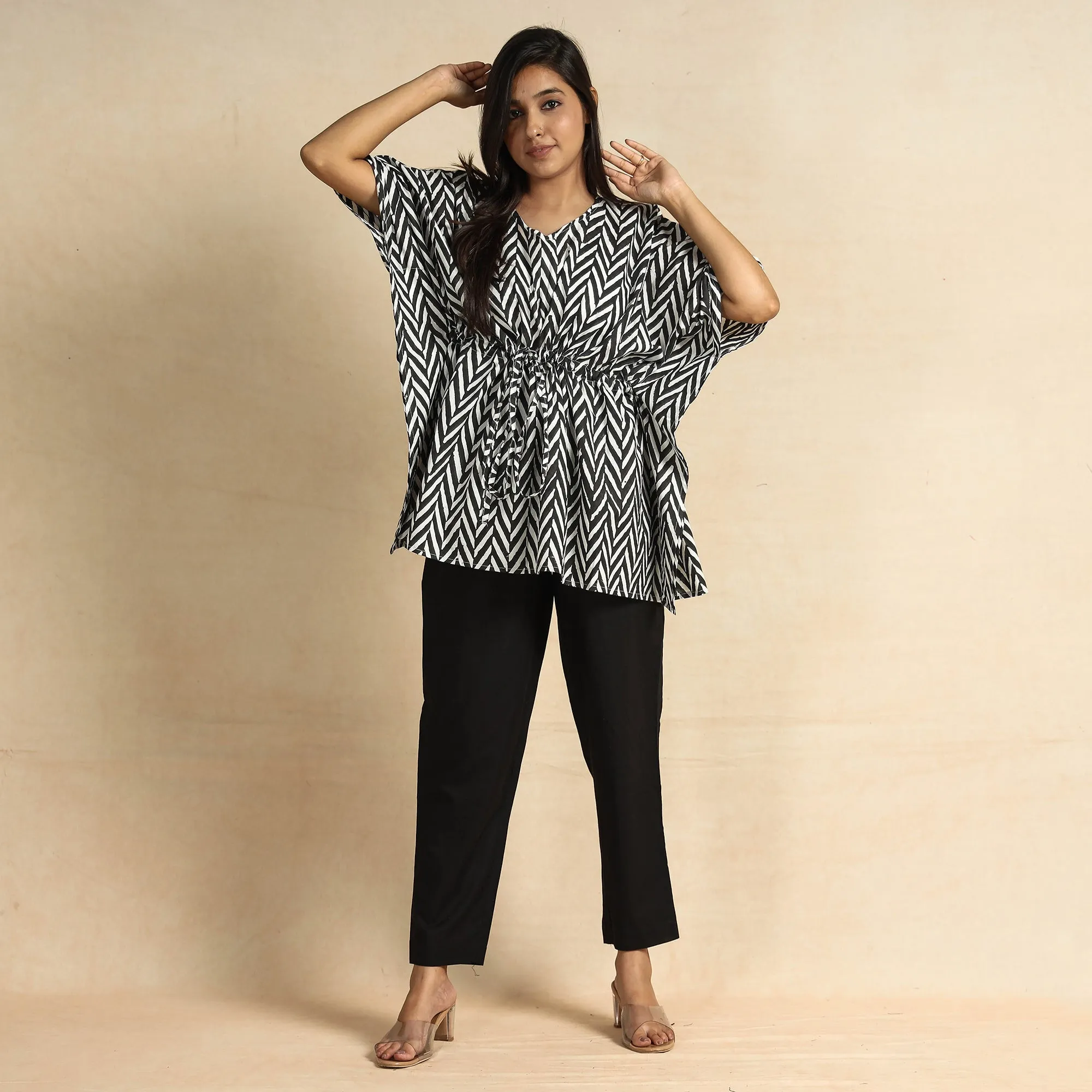 Black - Sanganeri Block Printed Cotton Kaftan & Pyjama Night Suit Set