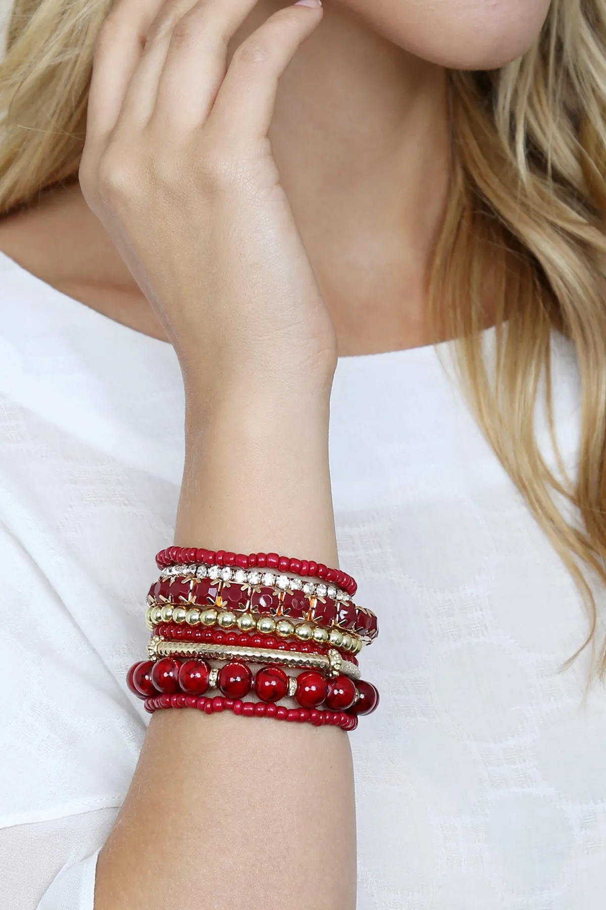 Burgundy Multicolor Stretch Bracelet - Pack of 6