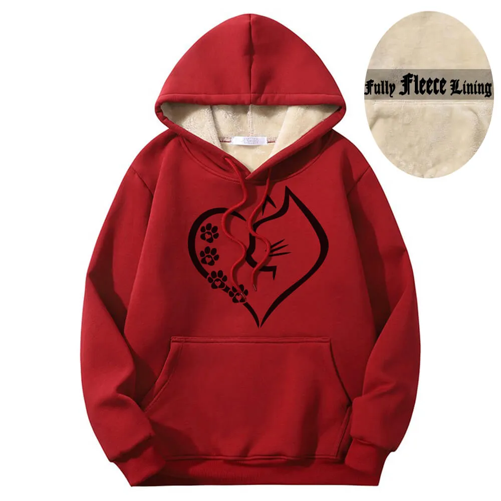 Cat In Heart Pattern Warm Fleece Sherpa Lined Hoodie