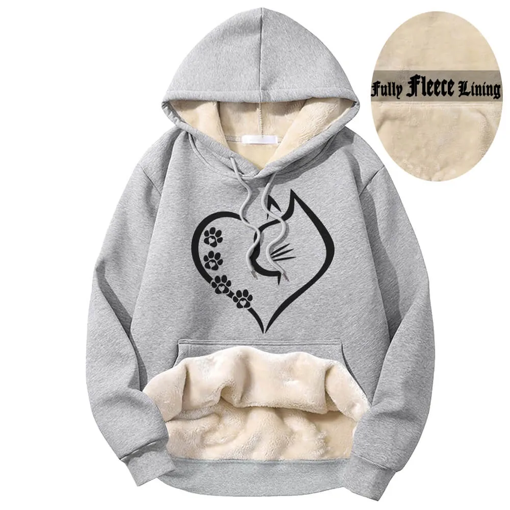 Cat In Heart Pattern Warm Fleece Sherpa Lined Hoodie