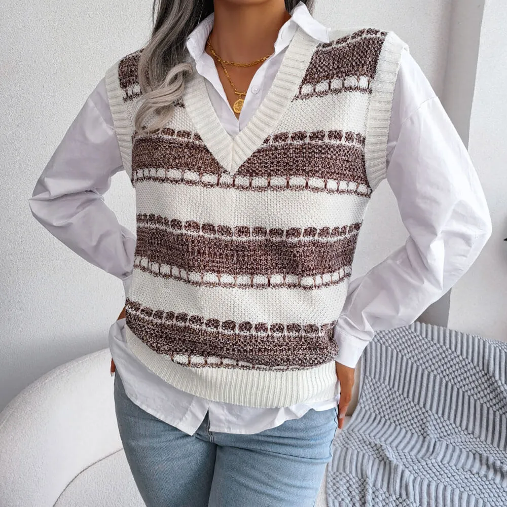 Chic Contrast Striped Pattern V Neck Marled Knit Sweater Vest