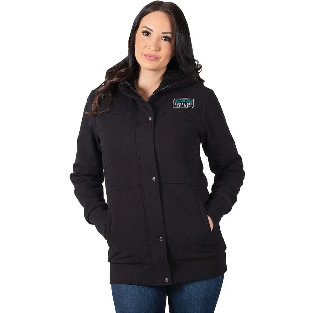 FXR  Black Teal Womens Aspen Sherpa Lined Long Button Full Zip Up Hood Hoodie