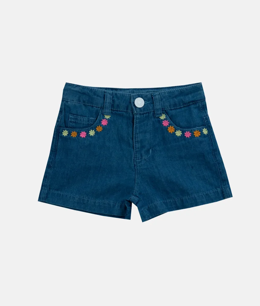 Girls Casual Denim Shorts - Flower Pockets