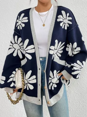 Loose Casual V-Neck Floral Jacquard Knitted Cardigan