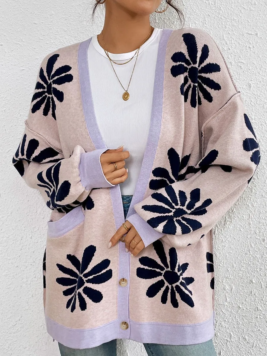 Loose Casual V-Neck Floral Jacquard Knitted Cardigan