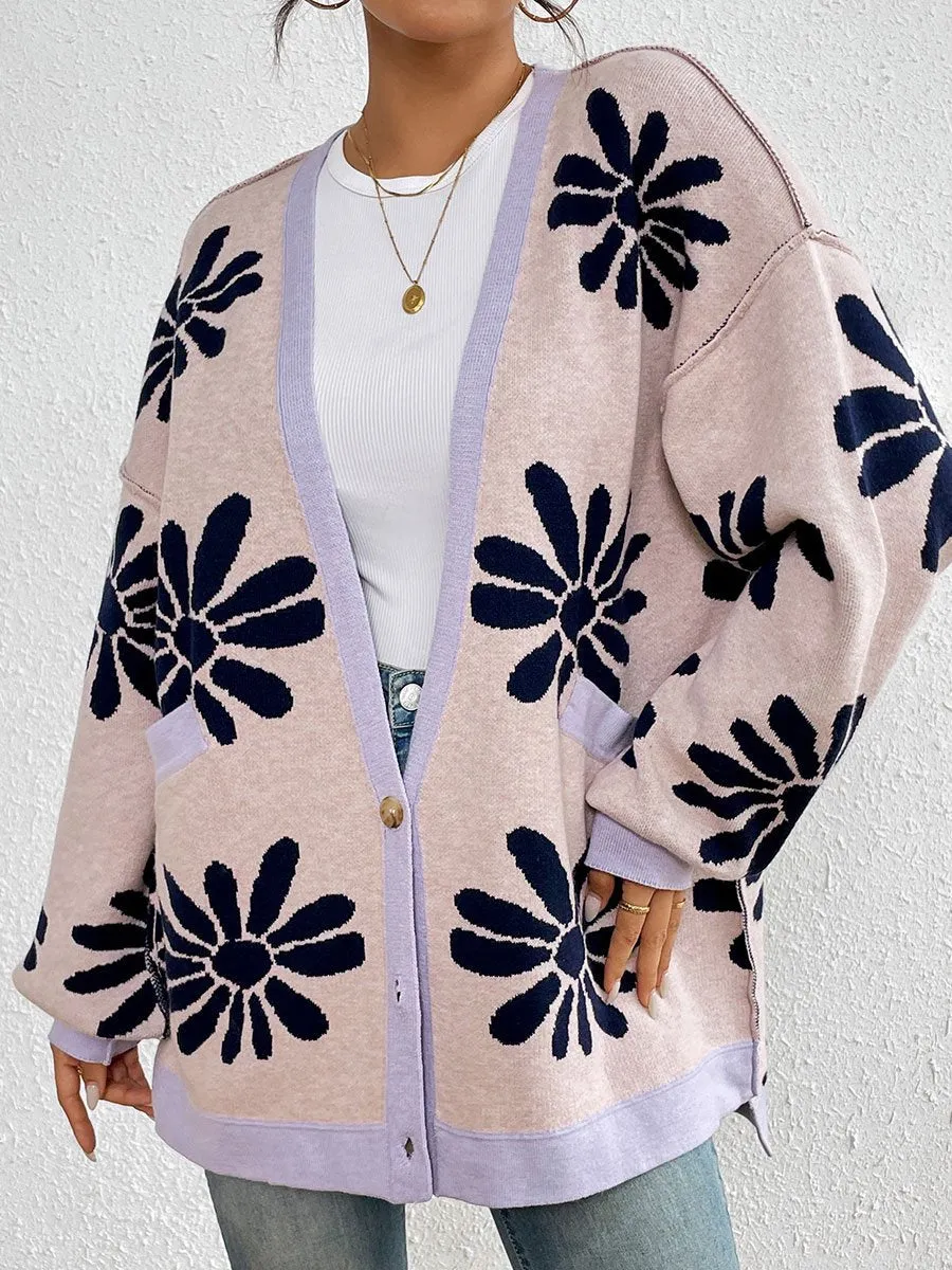 Loose Casual V-Neck Floral Jacquard Knitted Cardigan