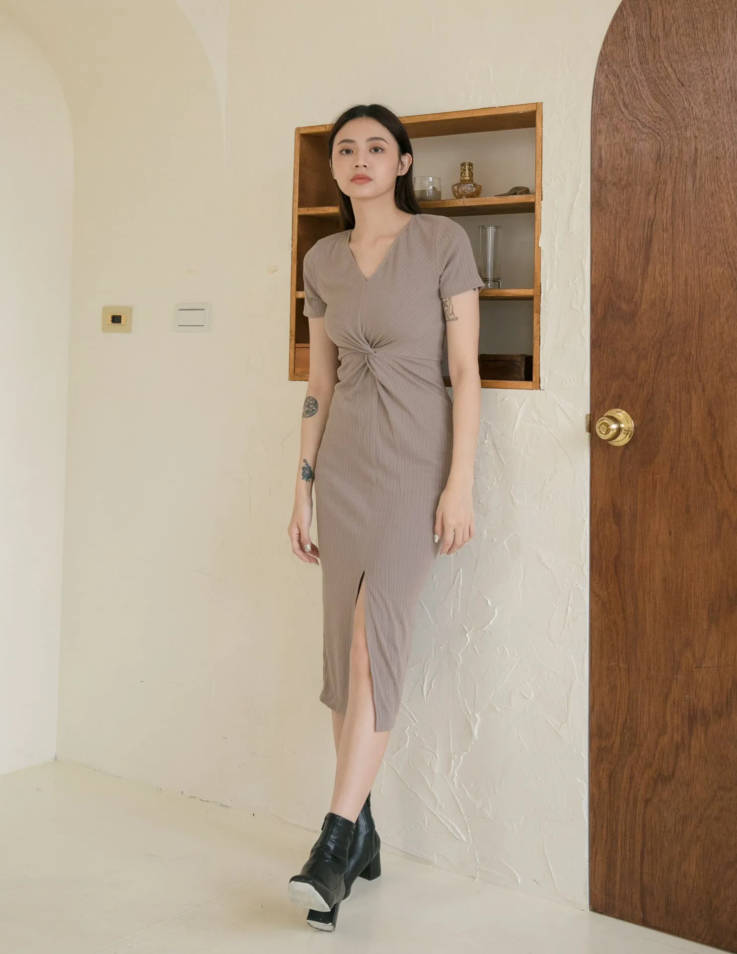 Mae Midi Dress in Taupe