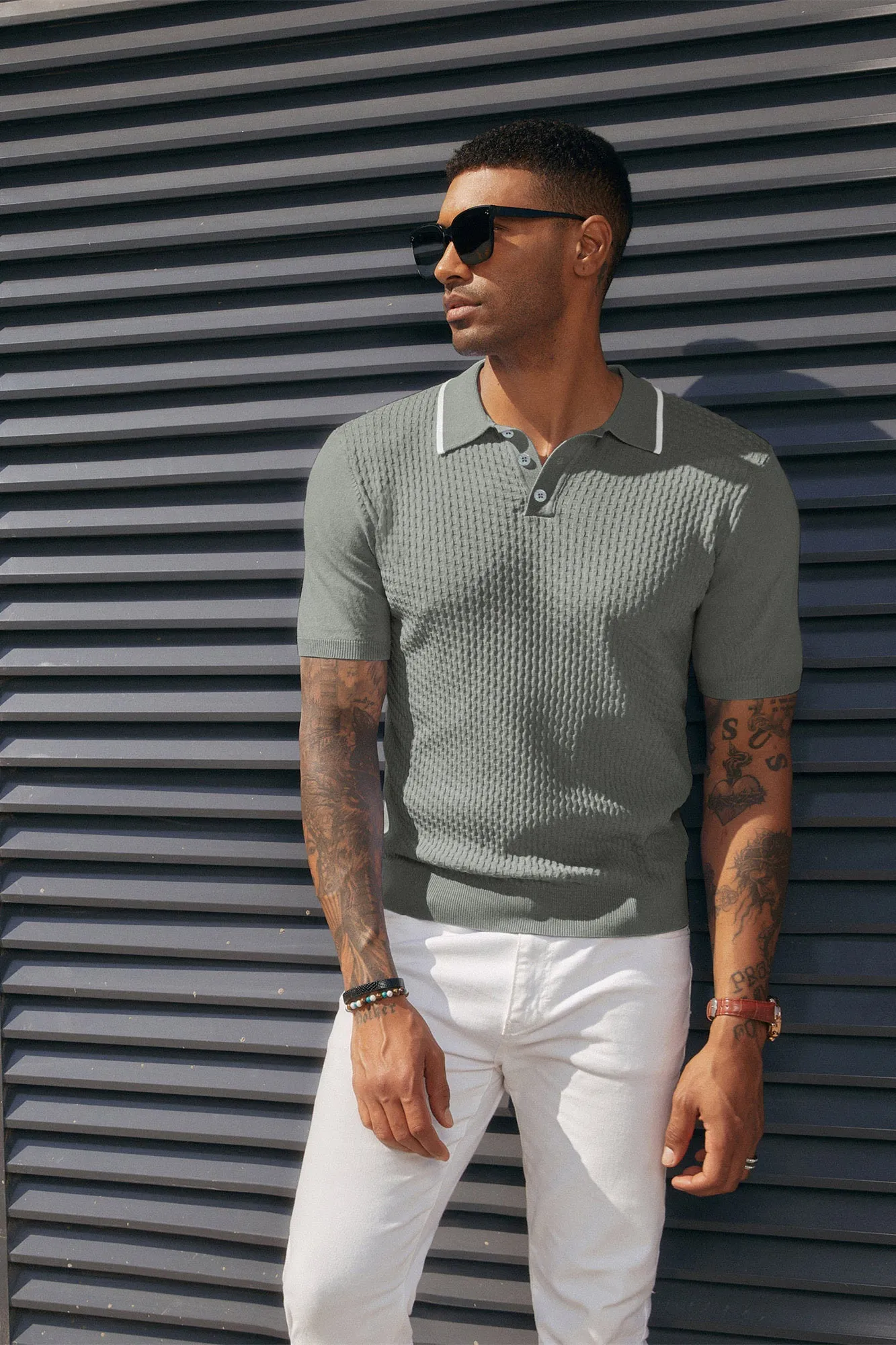 Men's Short Sleeve Knit Polo Shirts Waffle Texture Knit Shirt