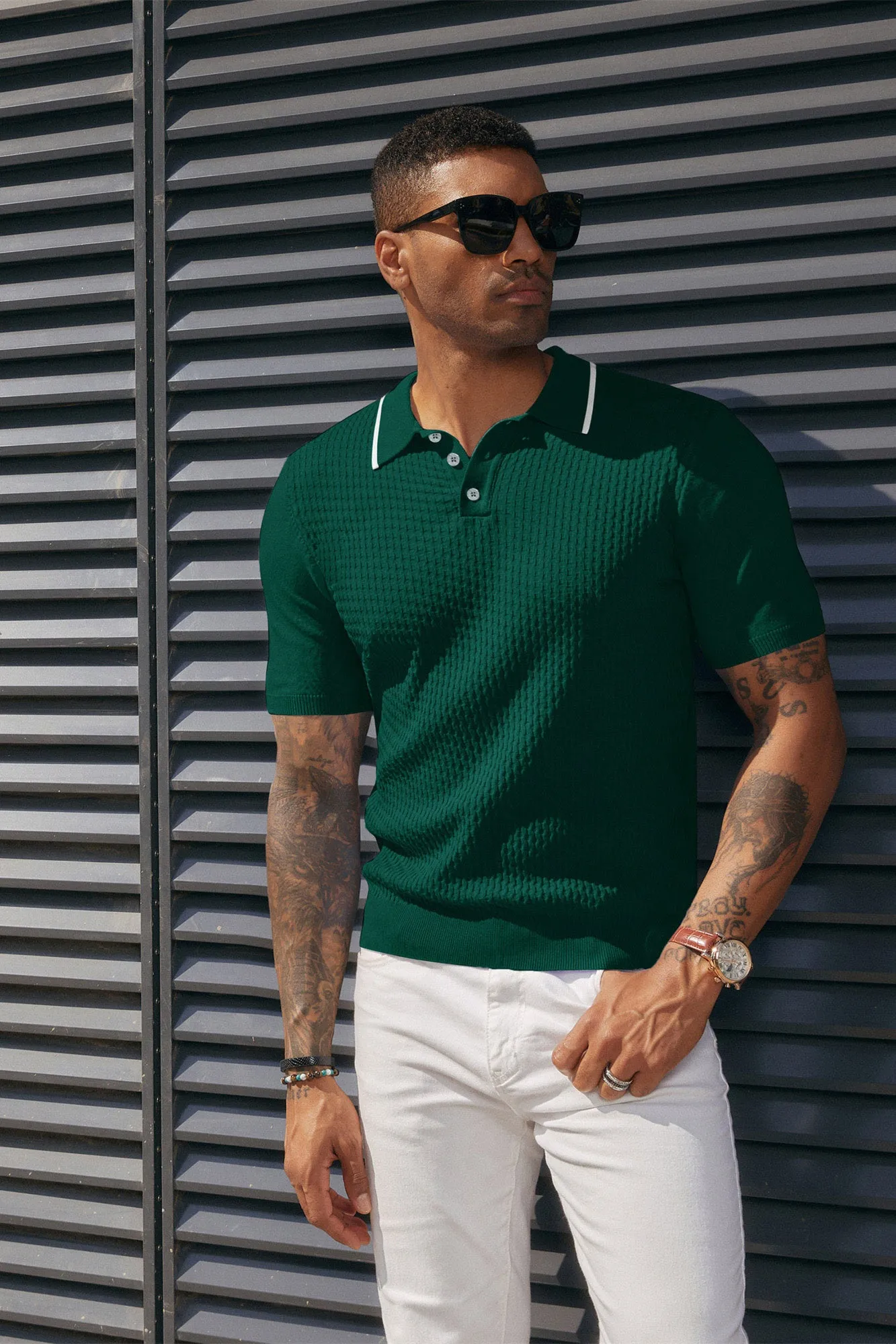 Men's Short Sleeve Knit Polo Shirts Waffle Texture Knit Shirt