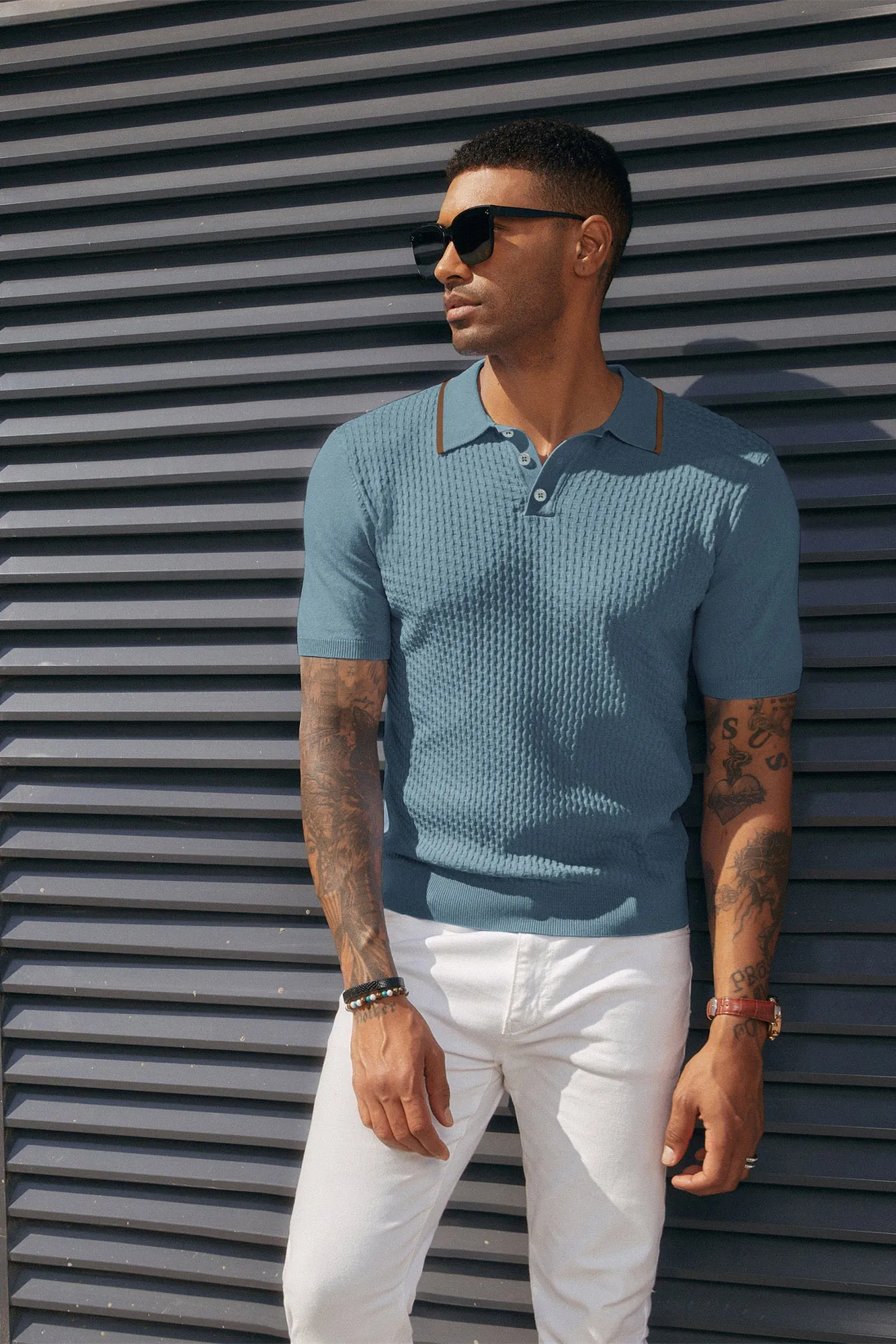 Men's Short Sleeve Knit Polo Shirts Waffle Texture Knit Shirt