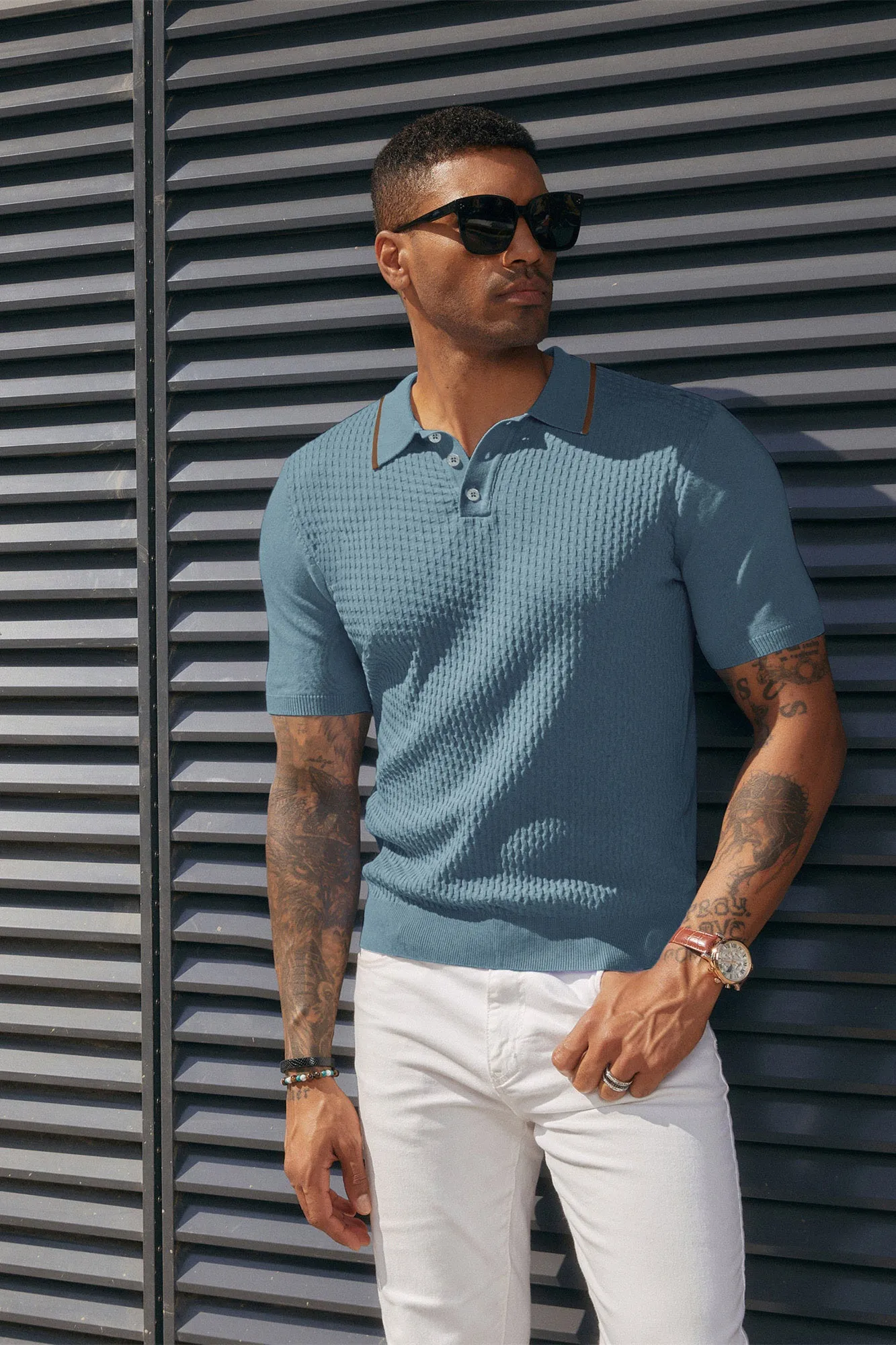 Men's Short Sleeve Knit Polo Shirts Waffle Texture Knit Shirt