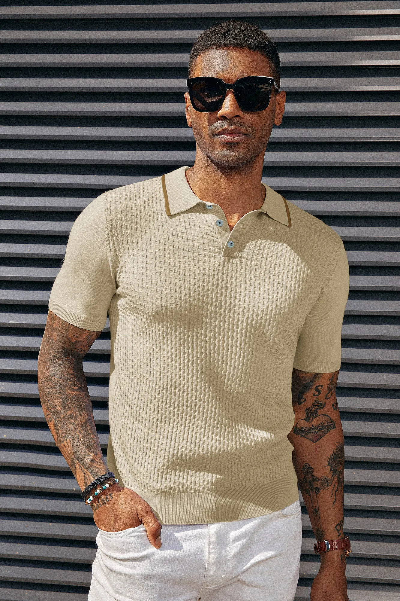 Men's Short Sleeve Knit Polo Shirts Waffle Texture Knit Shirt