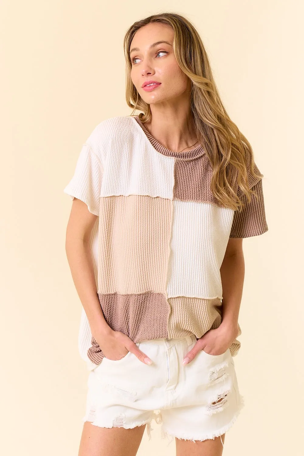 Neutral Color Block Ribbed Tee