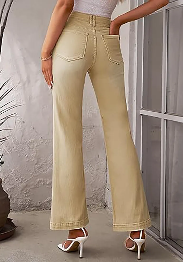 Pale Khaki Mid-Waisted Stretchable Straight Leg Denim Jeans