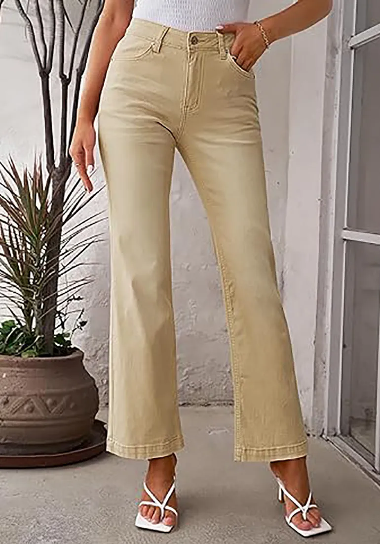 Pale Khaki Mid-Waisted Stretchable Straight Leg Denim Jeans