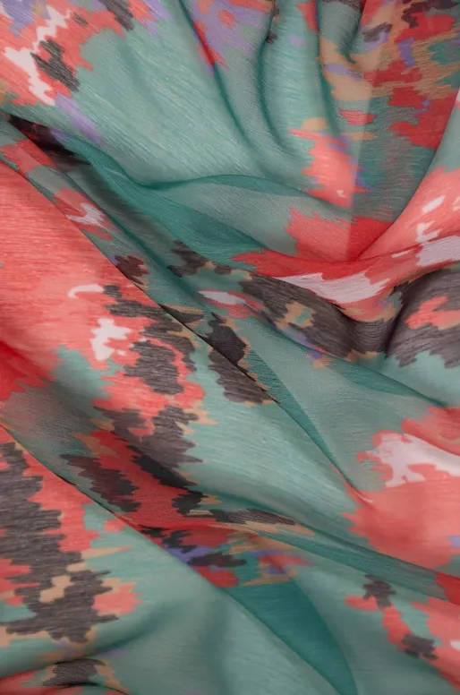 Persean Green Ikkat Inspired Pattern Printed Chiffon Fabric