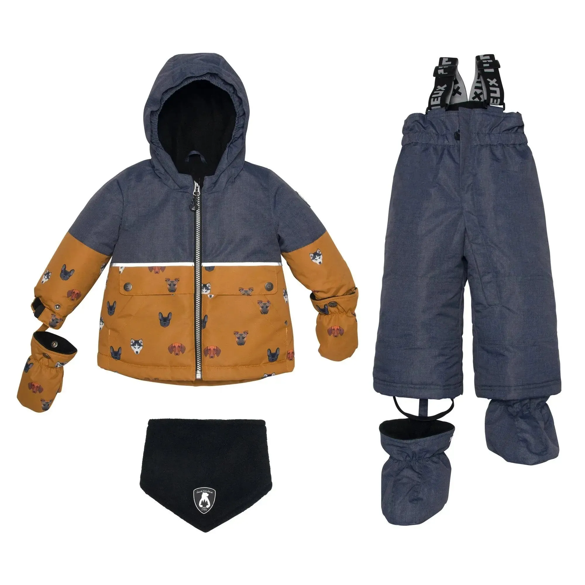 Printed Little Dogs Two Piece Boys Snowsuit Grey And Yellow | DEUX PAR DEUX