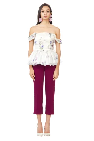 Printed Silk Gazar Strapless Peplum Top in White