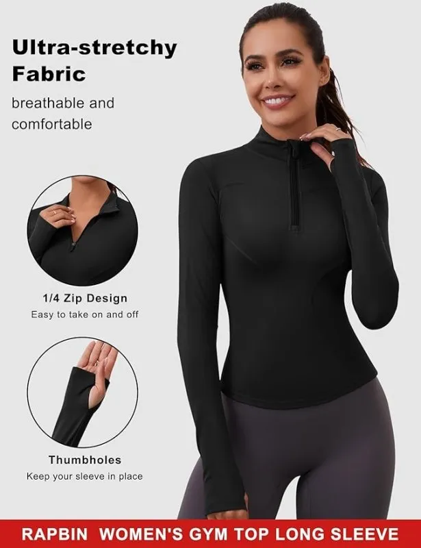 Rapbin Women's Gym Tops Long Sleeve Sports T-Shirt Workout Running Hiking Top for Ladies 1/4 Zip Sweatshirt with Thumb Holes