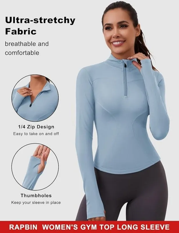 Rapbin Women's Gym Tops Long Sleeve Sports T-Shirt Workout Running Hiking Top for Ladies 1/4 Zip Sweatshirt with Thumb Holes