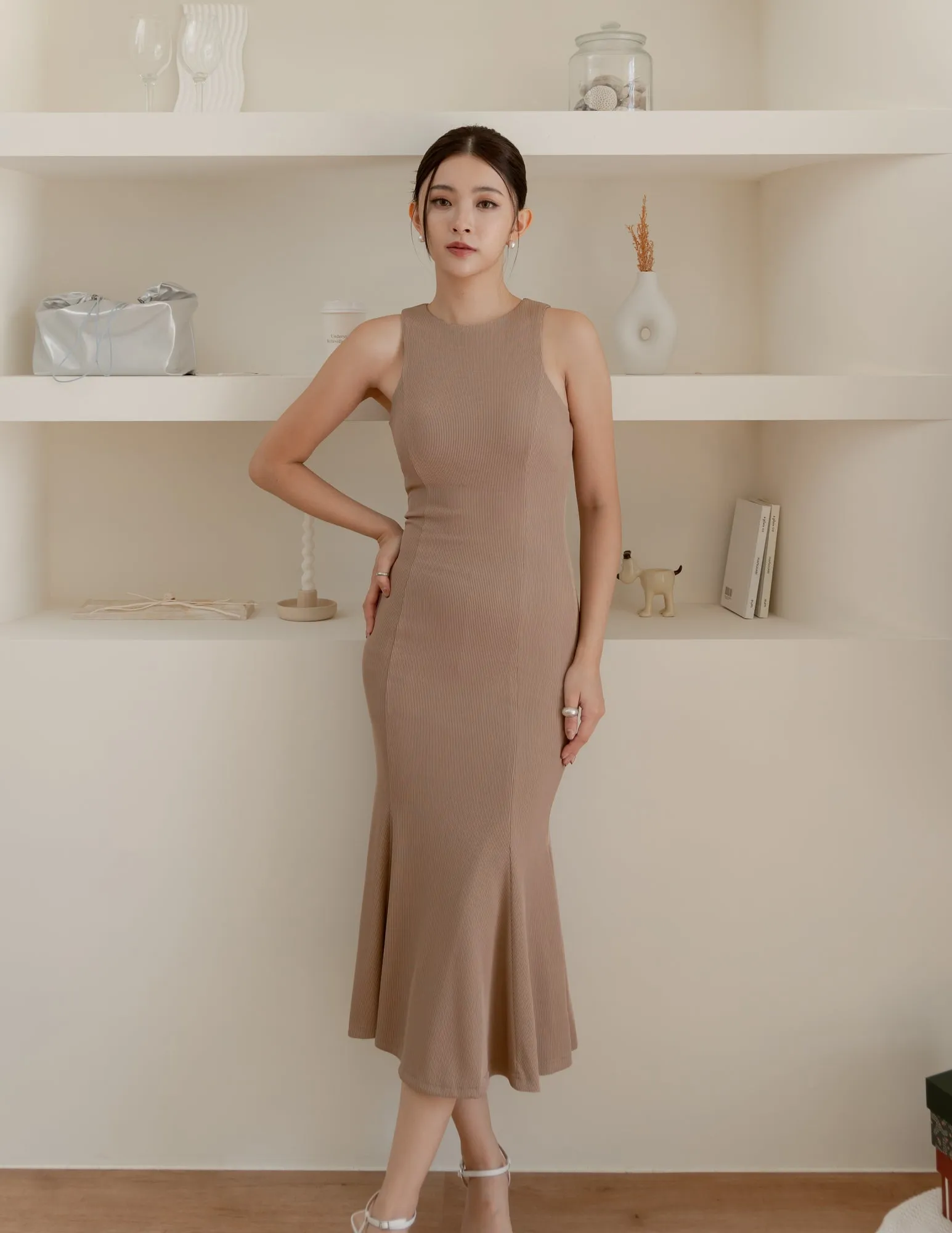 Sansa Padded Dress in Taupe