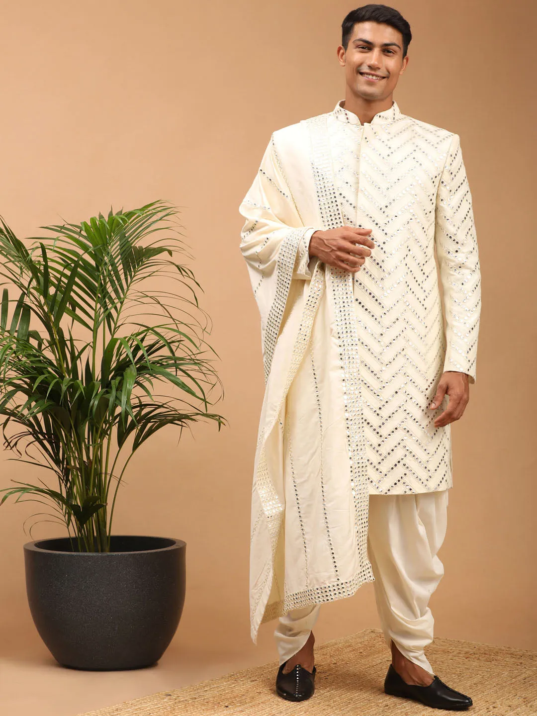 SHRESTHA By VASTRAMAY Men's Cream Mirror Indo Western Sherwani With Dupatta Set