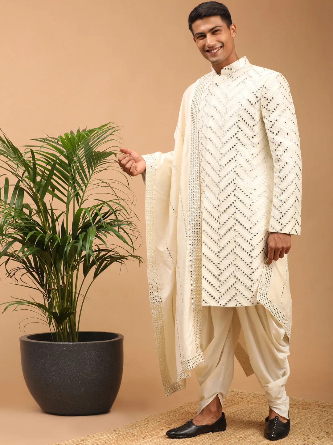 SHRESTHA By VASTRAMAY Men's Cream Mirror Indo Western Sherwani With Dupatta Set