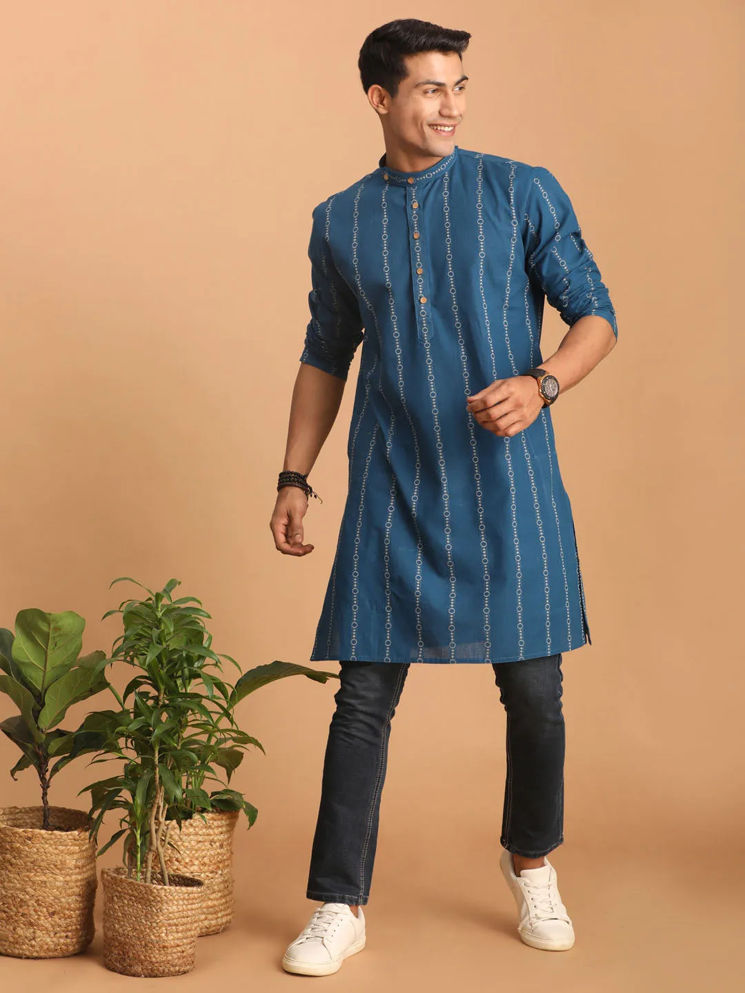 SHVAAS By VASTRAMAY Men's Blue denim Jacquard Kurta