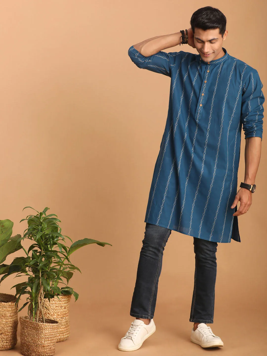 SHVAAS By VASTRAMAY Men's Blue denim Jacquard Kurta