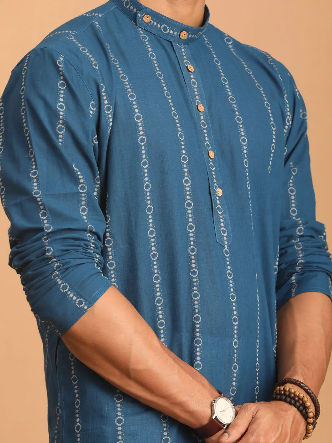 SHVAAS By VASTRAMAY Men's Blue denim Jacquard Kurta