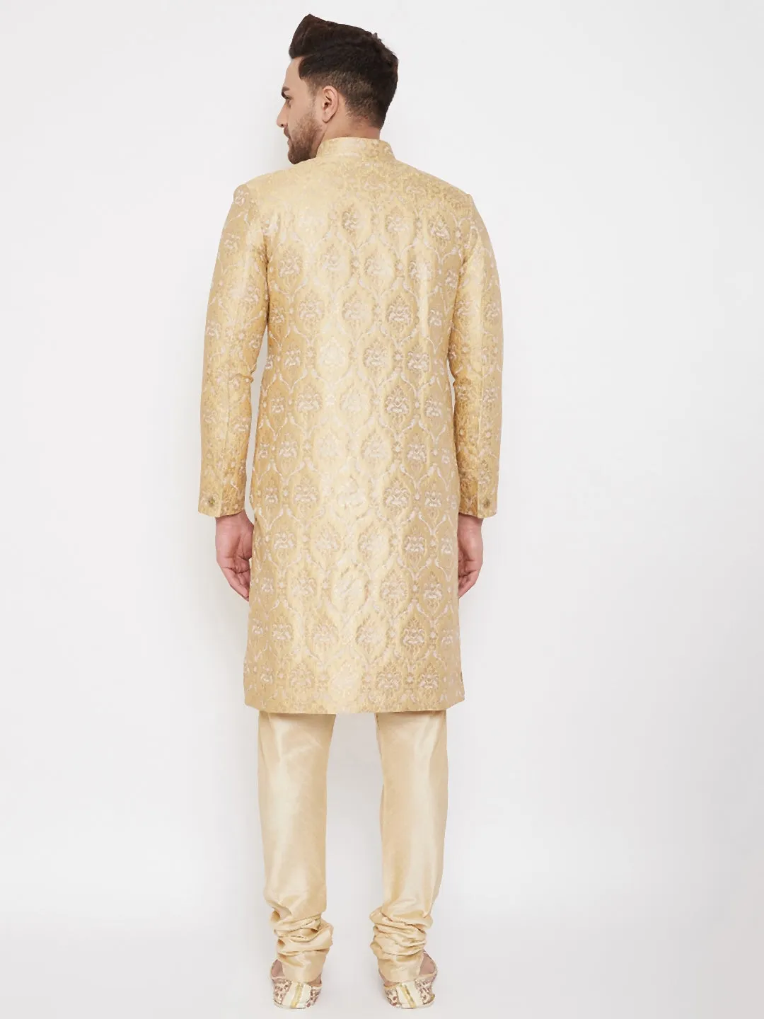 VASTRAMAY Men's Golden Brocade Slim Fit Sherwani Set