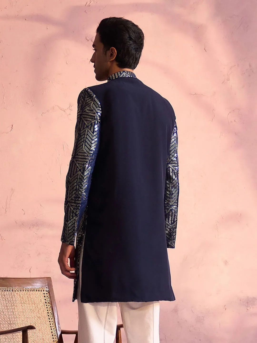 VASTRAMAY Navy Blue Georgette Sherwani