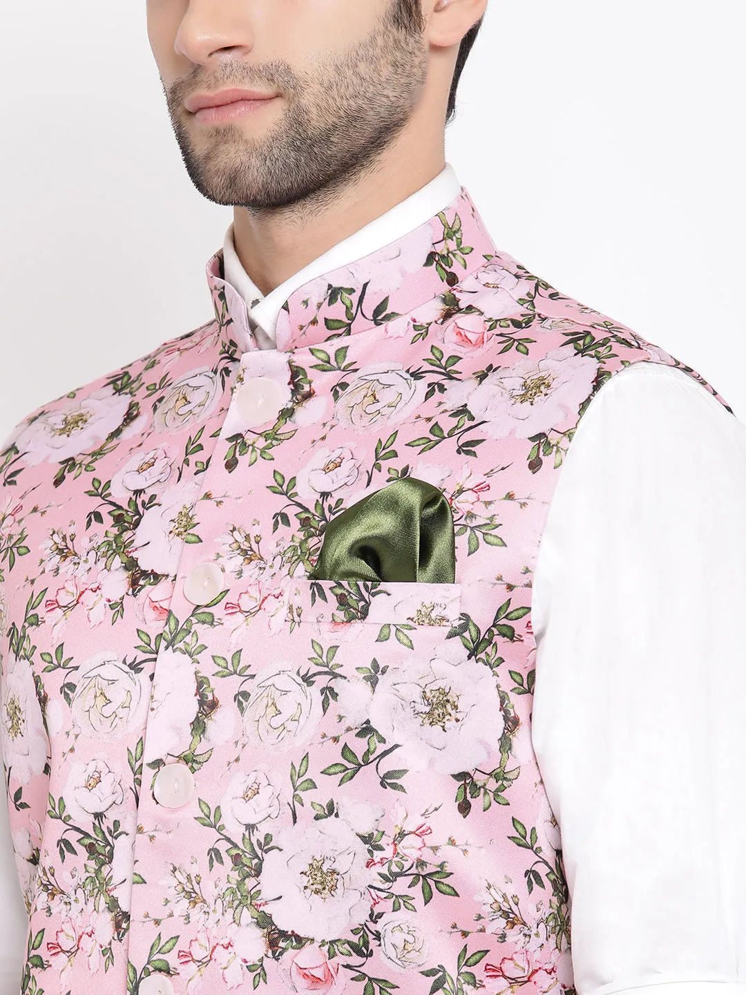 VASTRAMAY Pink Floral Nehru Jacket