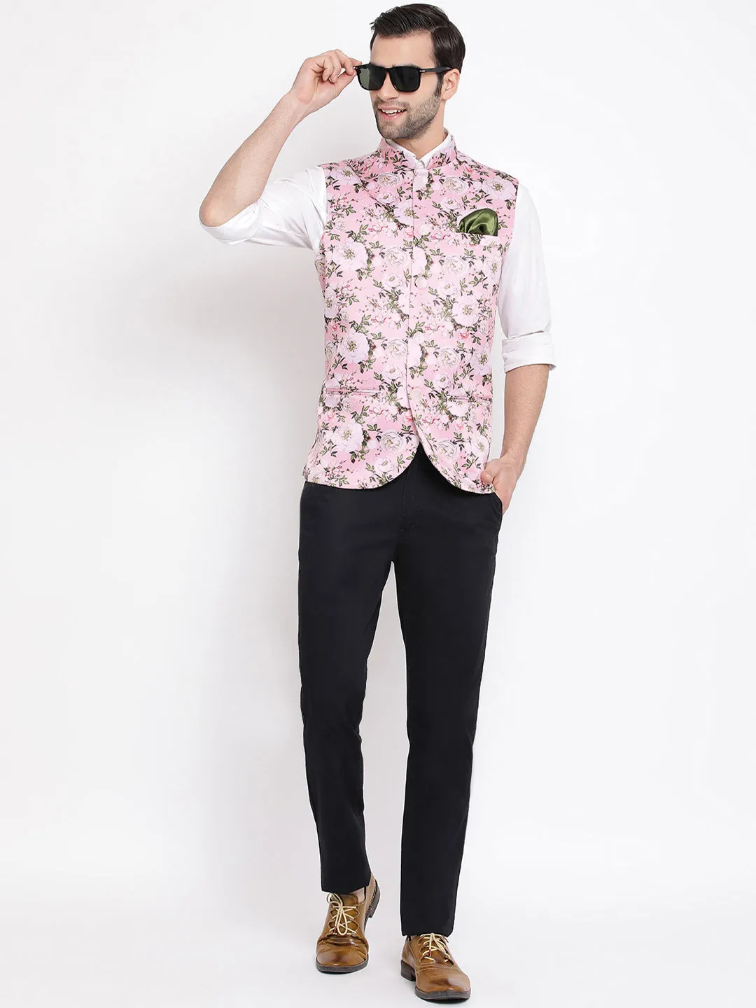 VASTRAMAY Pink Floral Nehru Jacket