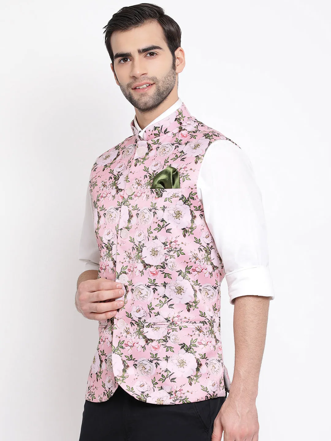 VASTRAMAY Pink Floral Nehru Jacket