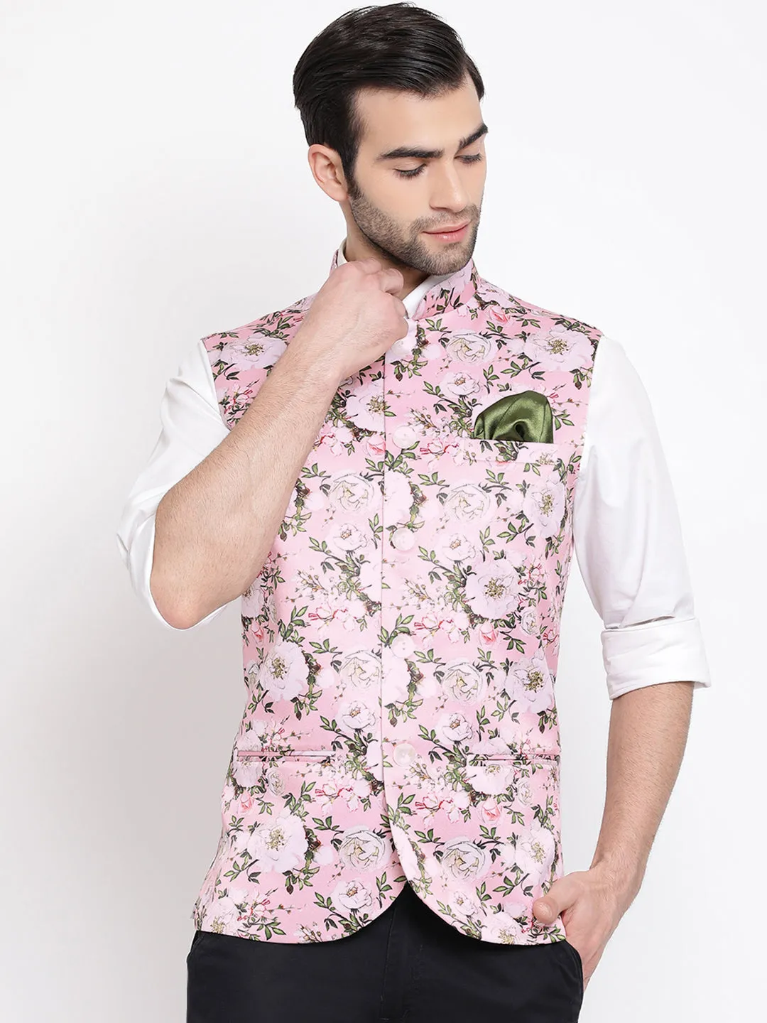 VASTRAMAY Pink Floral Nehru Jacket