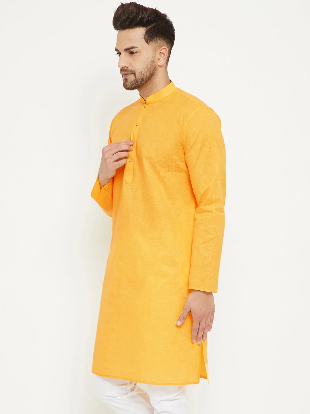 VM BY Vastramay Men's Yellow Cotton Blend Kurta