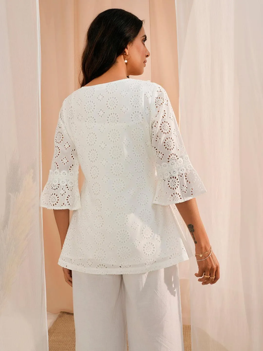 White Embroidered Cotton A-Line Kurti