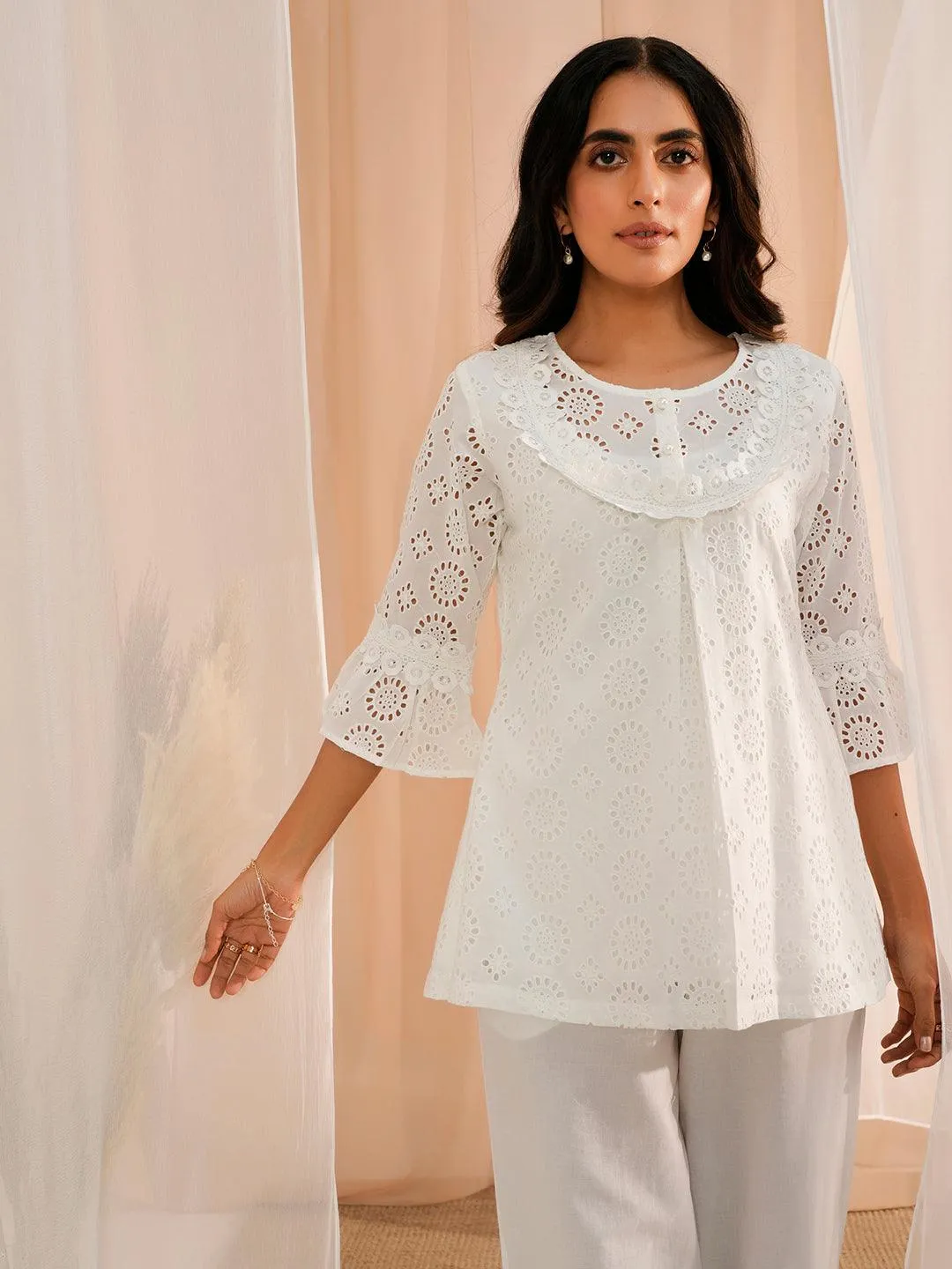 White Embroidered Cotton A-Line Kurti