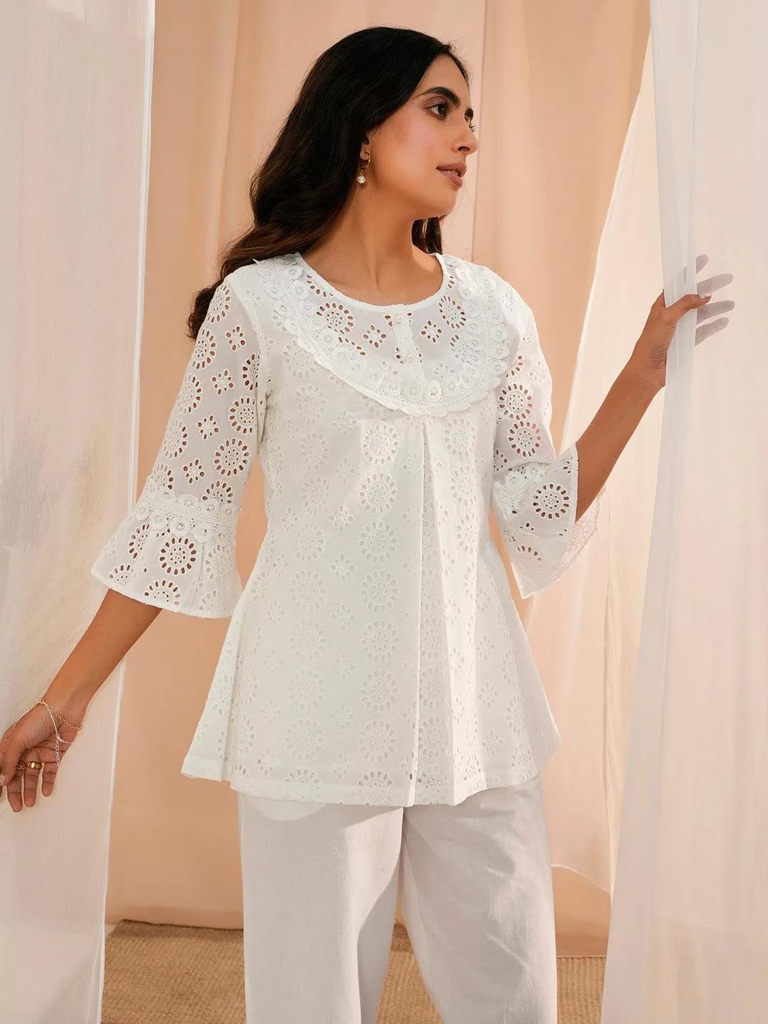 White Embroidered Cotton A-Line Kurti