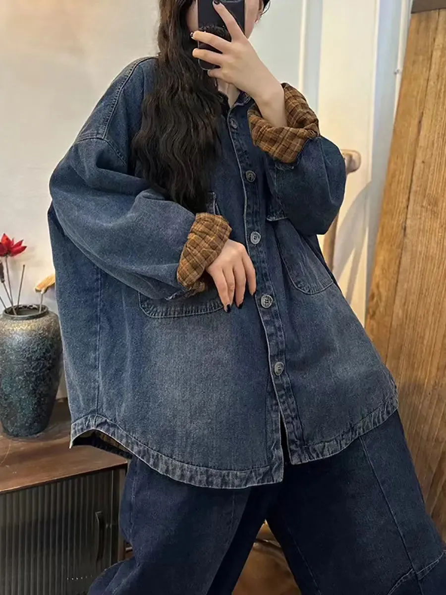 Women Solid Thicken Splied Denim Coat