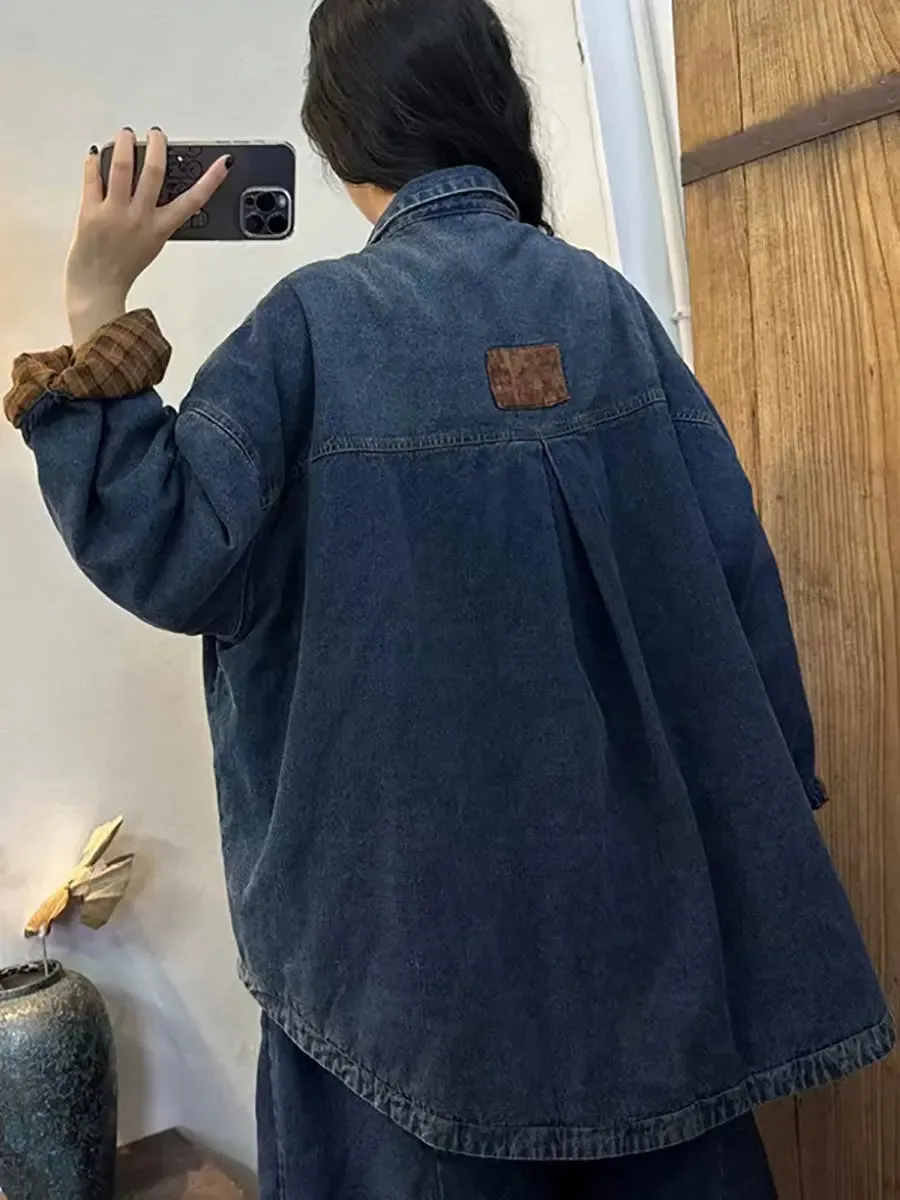 Women Solid Thicken Splied Denim Coat