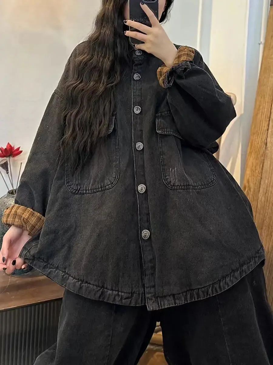 Women Solid Thicken Splied Denim Coat